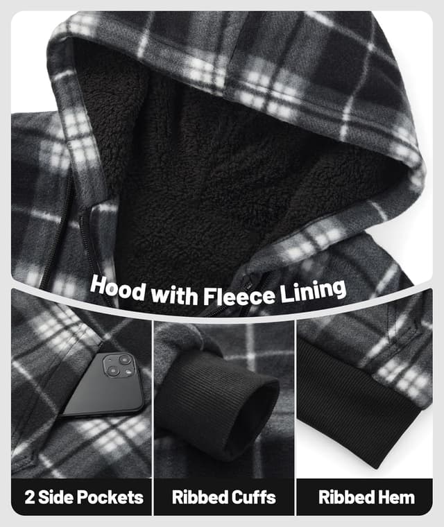 Detalle de geeksport Fleecejacke Herren mit Kapuze kariert – warme Sweatjacke mit durchgehendem Reißverschluss