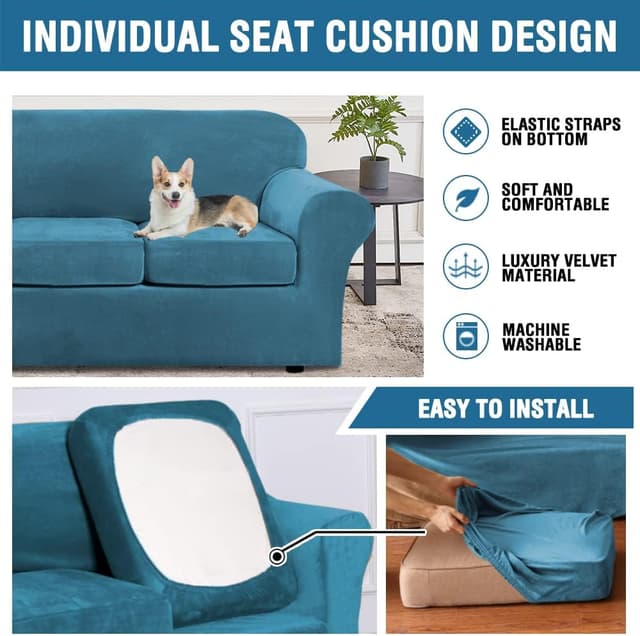 Detalle de H.VERSAILTEX Real Velvet Plush 3-Piece Stretch Sofa Covers (Large, Peacock Blue) for 2 Cushions