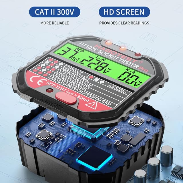 Detalle 2 de HT107E Socket Tester RCD Plug Outlet Tester UK with LCD display