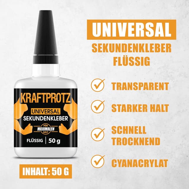Detalle de KRAFTPROTZ Sekundenkleber extra stark – XXL 50 g Superkleber für präzise Reparaturen (transparent)