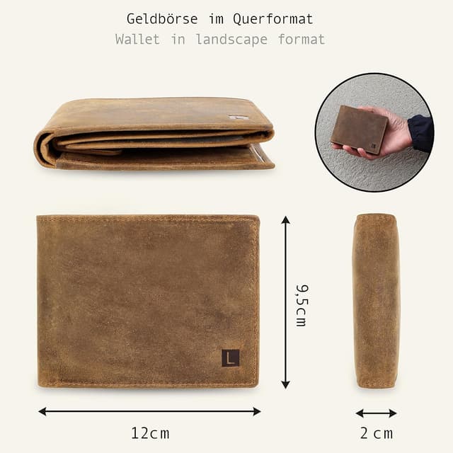 Detalle 2 de LEDEROW Herren-Geldbörse aus Leder Hunter Braun (Querformat) – RFID/NFC-Schutz, mit Münzfach & Geschenkbox