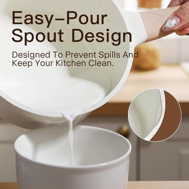 Detalle 2 de Non Stick Ceramic Pots and Pans Set (22-Piece) – Non-Toxic, Induction Compatible, Cream White Granite