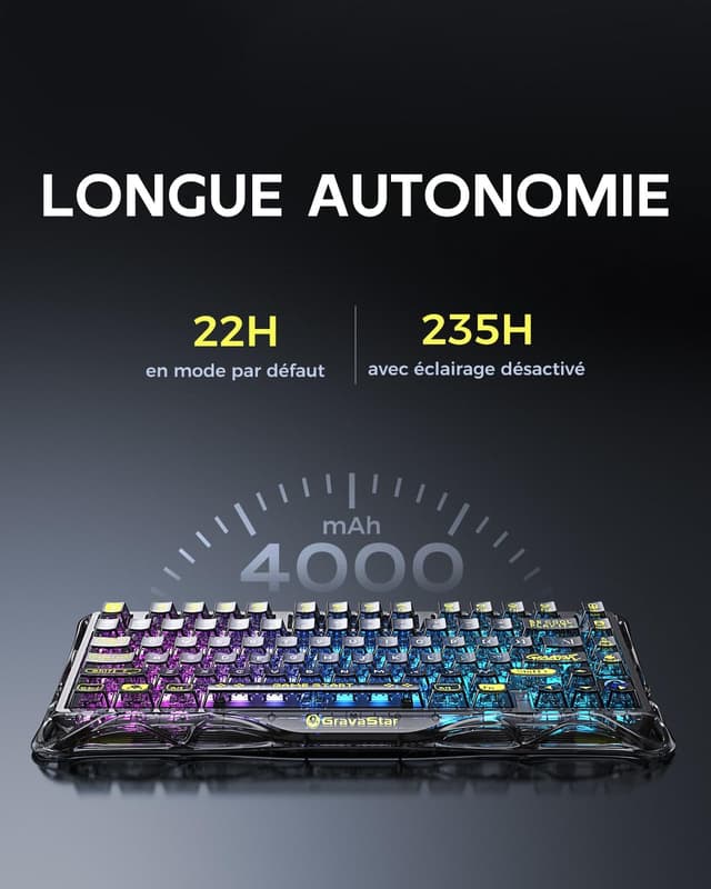 Detalle 2 de GravaStar Mercury K1 Lite clavier mécanique 75% RGB rétroéclairé (BT 5.0, 2,4G, Type-C) QWERTY noir transparent