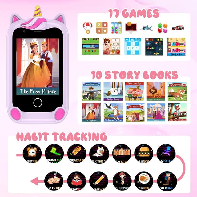 Detalle 2 de Téléphone enfant rose avec caméra, livres audio et 17 jeux