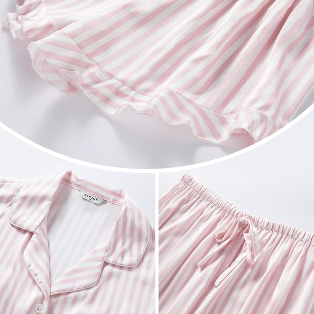 Detalle de SAPJON Satin Silk Pajamas for Women 2-Piece Ruffle Notch Collar Button-Down Set