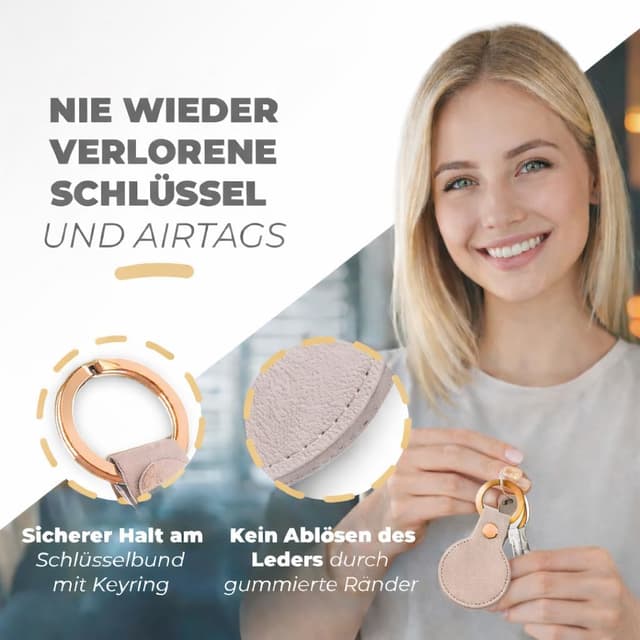 Detalle 2 de TinyTag® veganer Leder Schlüsselanhänger für Apple AirTag (Taupe Roségold) – 2er Pack