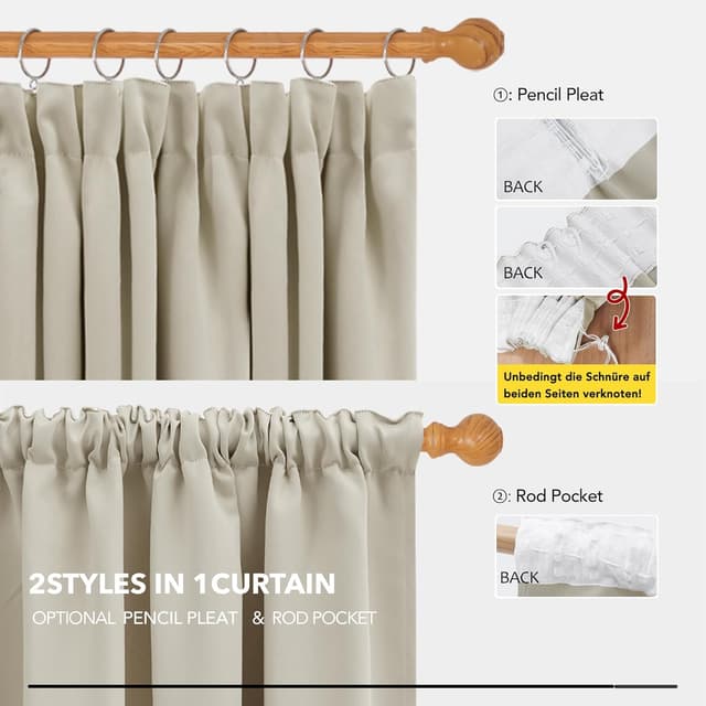 Detalle de Deconovo Verdunkelungsvorhänge Thermovorhang mit Kräuselband, Creme – 200x140 cm (2er-Set)