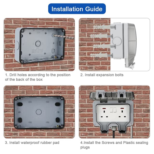 Detalle 2 de Waterproof Outdoor Sockets with 10m Extension Cord – IP66 Weatherproof Double Plug, External Wall 2 Gang Storm Switched Socket
