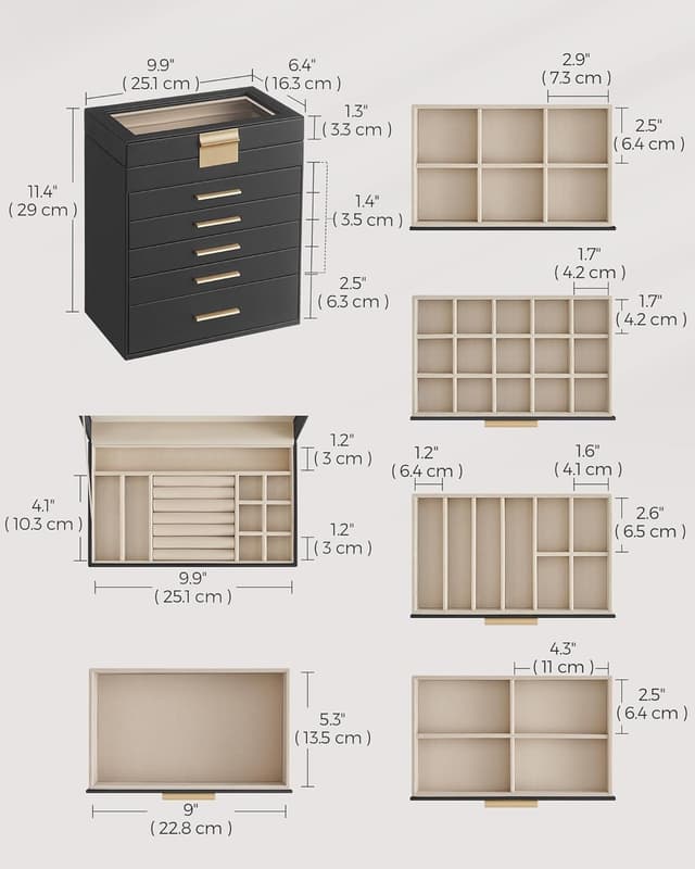 Detalle de SONGMICS GISELLA JBC171B01 Jewellery Box with Glass Lid, 6 Layers & 5 Drawers (Ink Black & Gold)