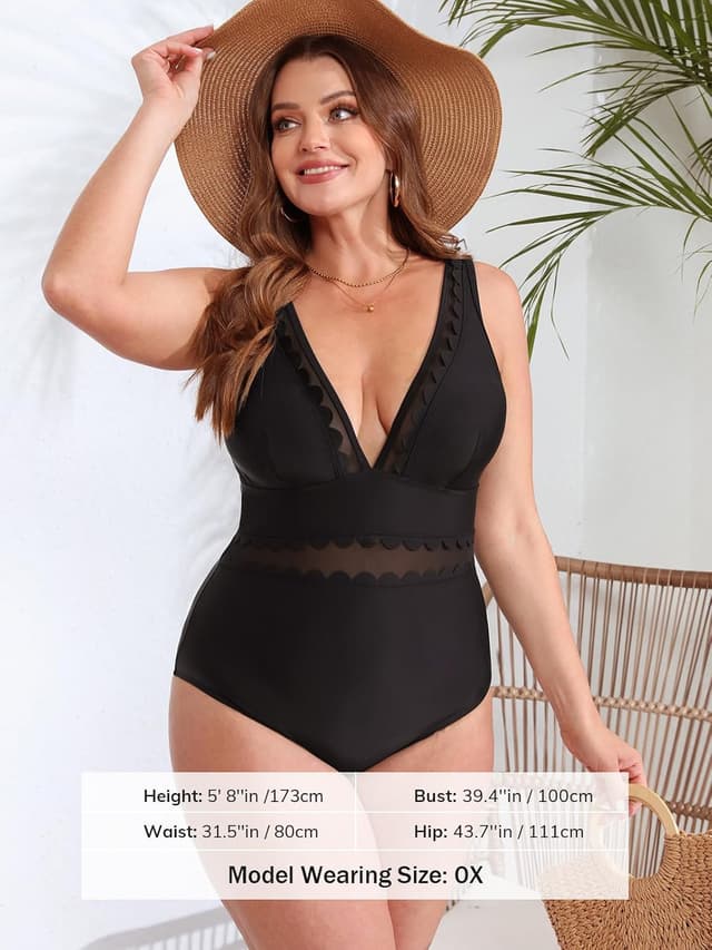 Thumbnail 6 de CUPSHE costume da bagno intero donna Plus Size con scollo a V in rete smerlata e spalline regolabili