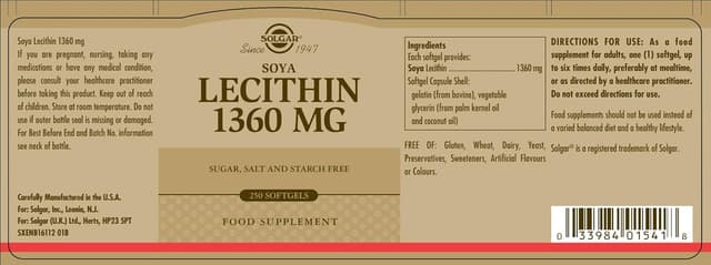 Thumbnail 1 de Solgar Lecitina de Soja 1360 mg - 250 Cápsulas 🥜