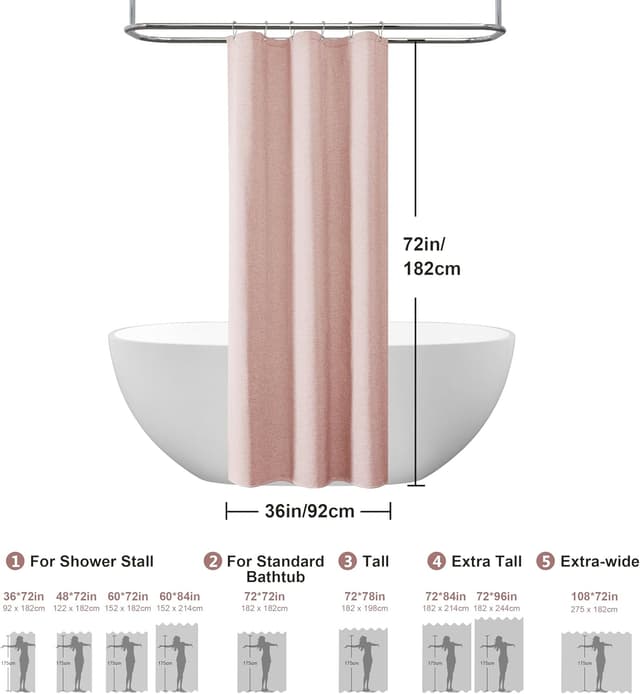 Detalle 2 de Rideau de douche VANZAVANZU en lin polyester imperméable anti-moisissures avec 6 anneaux métal (92x182 cm) – Rose