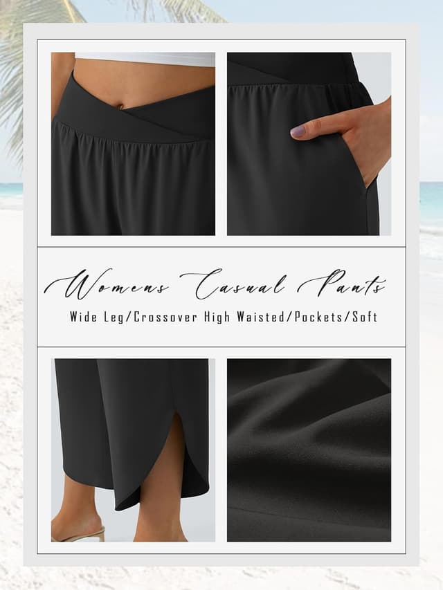 Detalle 2 de Phophila Wide Leg Capri Pants for Women with Crossover High Waist and Pockets