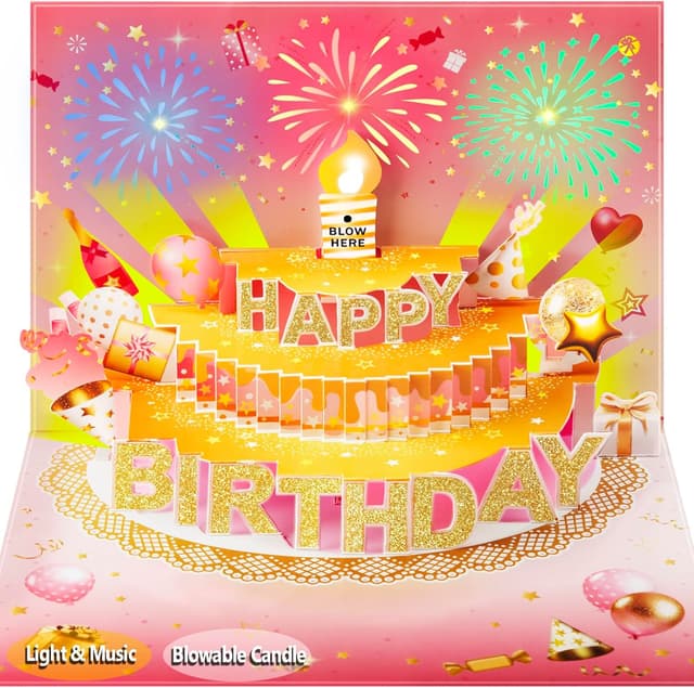 Detalle de 3D Pop Up Birthday Card with Lights and Sound – LED Blow-Out Candle, Music and Firework Effects