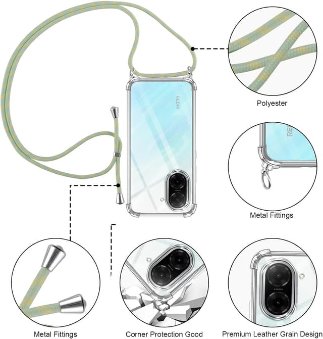 Detalle de Cover Pnakqil per Xiaomi Redmi A5 4G con cordino e tracolla/ girocollo verde