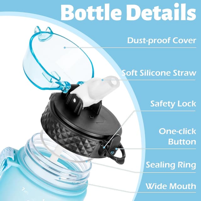 Detalle de Oldley 750ml (25oz) Straw Water Bottle with One-Click Lid, BPA-Free Tritan, Leakproof Lock & Time Markings (Blue Gradient)