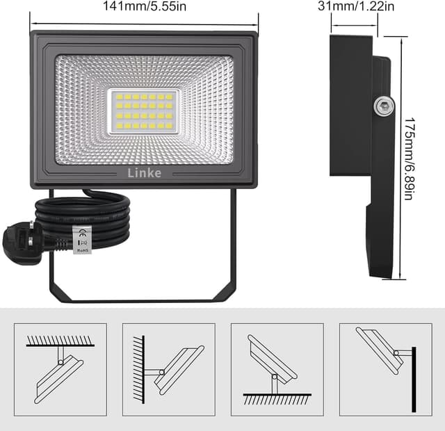 Detalle de Linke 25W Outdoor LED Floodlight (2 Pack) 2100LM, IP66, 6500K with Plug