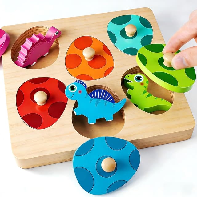 Detalle de Montessori Greifpuzzle ab 1 Jahr mit Dinosauriern und Tier-Eiern (Holzspielzeug, bunt) – Steck- & Sortierspiel für 12–36 Monate