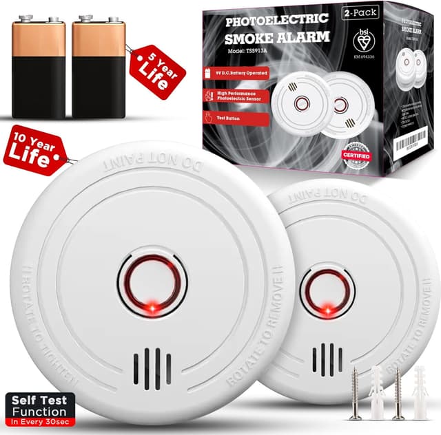 Detalle de 2 Pack Smoke Alarms for Home (EN14604) – 10-Year Photoelectric Detectors with 5-Year Replaceable Battery and Silence Button