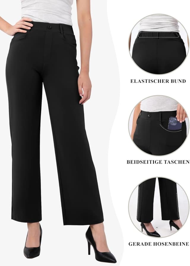 Detalle de Glacspyg Damen Freizeithose mit hohem Bund – Straight Business-Casual Stretch mit Taschen