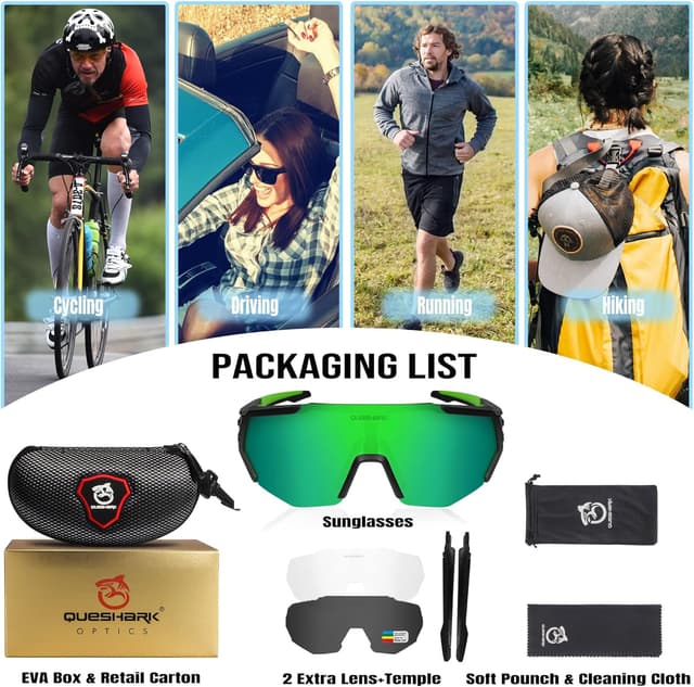 Detalle de Queshark Polarizzati Occhiali da Ciclismo con Lenti Intercambiabili (UV400) per MTB, corsa e sport outdoor