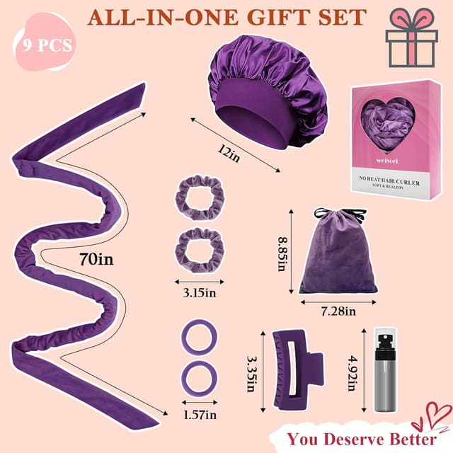 Detalle 2 de weiwei Lockenwickler über Nacht mit Samtband (heatless), 9-teiliges Locken-Set für langes Haar – Lila