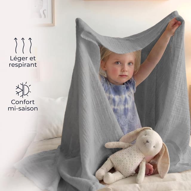 Detalle 1 de Dreamzie couverture en mousseline 4 couches 127x177 cm – coton léger, respirant et Oeko-Tex gris clair