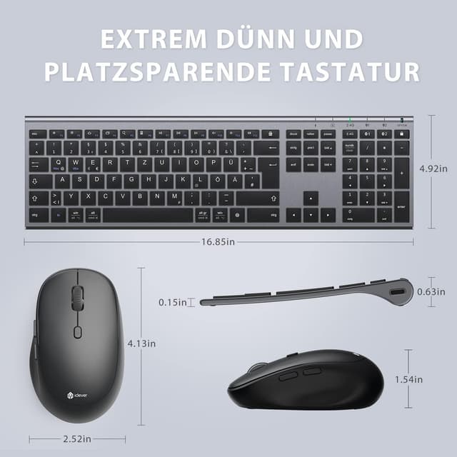 Thumbnail 6 de iClever Bluetooth Tastatur mit Maus (Dualmodus, 3 Geräte) – wiederaufladbar, USB & Bluetooth, QWERTZ (Grau)