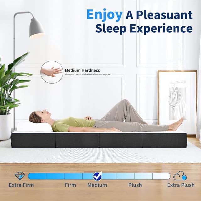 Detalle de wowttrelax Folding Mattress Double (6 inch) – 4-fold memory foam floor mattress for guests, camping and caravans