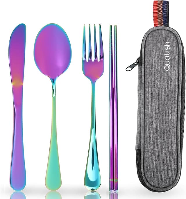 Detalle de Quatish Camping Besteck-Set (5-teilig) aus Edelstahl inkl. Etui – Reisebesteck to go mit Regenbogenfarbe