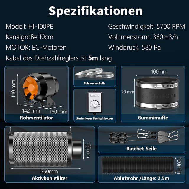 Thumbnail 1 de Hon&Guan Abluftset 100mm Rohrventilator mit Aktivkohlefilter 🌀