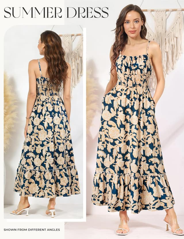 Detalle de GRACE KARIN Women’s Boho Maxi Summer Dress with Pockets, Floral Print & Smocked Waist