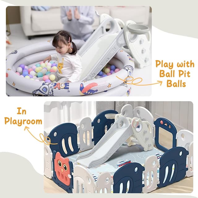 Detalle de Onasti Kids Slide for Toddlers (Age 1–3) Freestanding & Folding Slide Playset with Basketball Hoop and Ring Toss, Grey