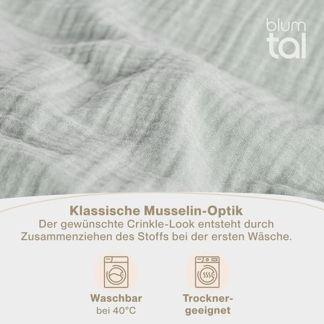 Detalle de Blumtal Musselin Bettwäsche 155x220 cm + 80x80 cm (Oeko-TEX) aus 100% Baumwolle – waschbar bei 40 °C