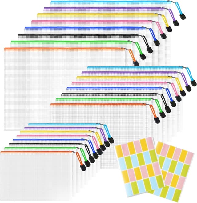 Detalle de Plastic Wallets Zip Lock Bags (24PCS) – A3/A4/A5 Waterproof PVC Document Pockets in 8 Colours