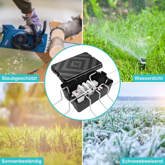 Detalle de Mycketop wasserdichte Outdoor-Kabelbox (extra groß) mit 7 Kabeleingängen für Gartenpumpe & Außenstrom, schwarz