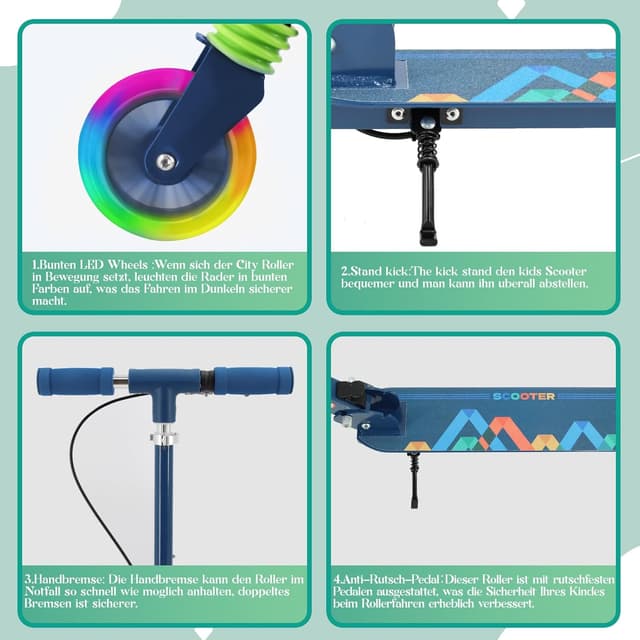 Detalle de TENBOOM Roller Kinder ab 3 Jahren mit 2 Rädern, klappbar, 3 höhenverstellbar und LED-Räder