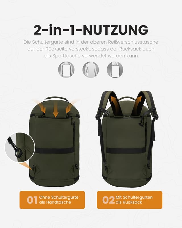 Detalle de LOVEVOOK Reisetasche Sporttasche Rucksack (56L) mit Schuhfach & Nassfach – Dunkelgrün
