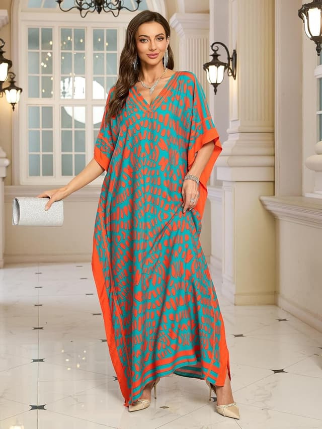 Detalle de Kaftan V-Neck Print Swimsuit Cover-Up Dress (One Size, Plus Size) for Beach & Lounge