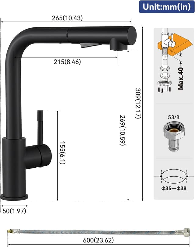 Thumbnail 5 de Sofetiy Wasserhahn Küche Schwarz Ausziehbar 40 cm