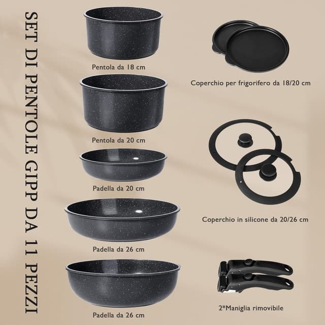 Detalle 2 de GiPP Set di pentole e padelle in ceramica antiaderenti 11 pezzi con manico amovibile