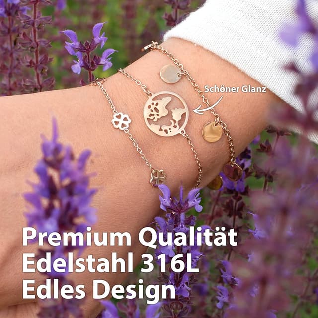 Detalle de BONNYBIRD® wasserfestes Edelstahl-Armband mit Weltkugel-Anhänger (silber, gold & roségold), 100% wasserfest & verstellbar