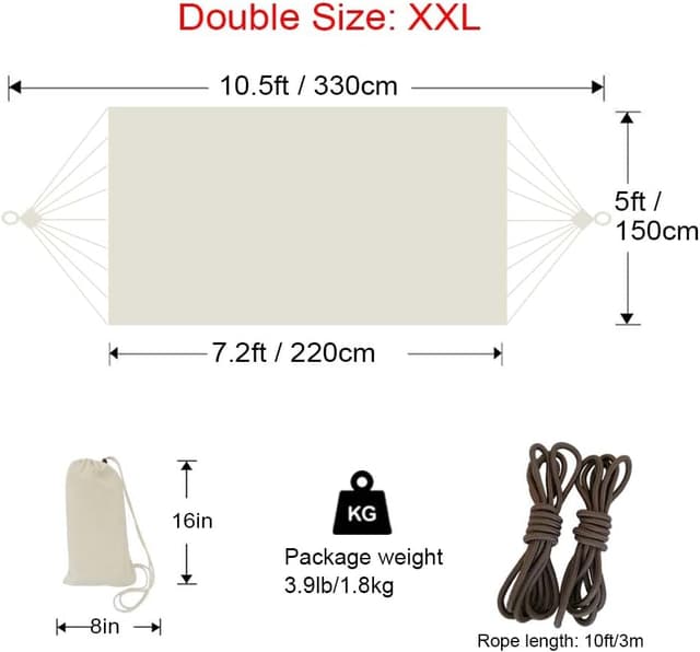 Detalle de GOCAN Brazilian Double Hammock for 2, Extra Large canvas cotton (Beige) – 220x150cm, 330cm total length, up to 300kg