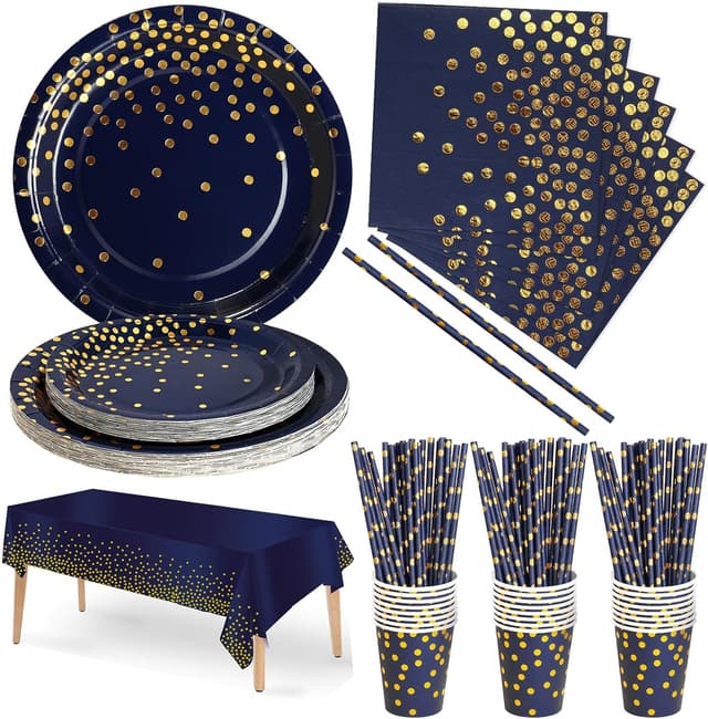 Detalle de Nkaiso Party Tableware 126-piece set in navy blue and gold paper (for up to 25 guests)