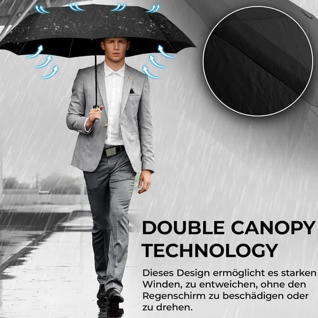 Detalle 2 de Regenschirm Taschenschirm Sturmfest mit Auf-Zu-Automatik & Schirm-Tasche – Schwarz, kompakter Reise- & Golfschirm