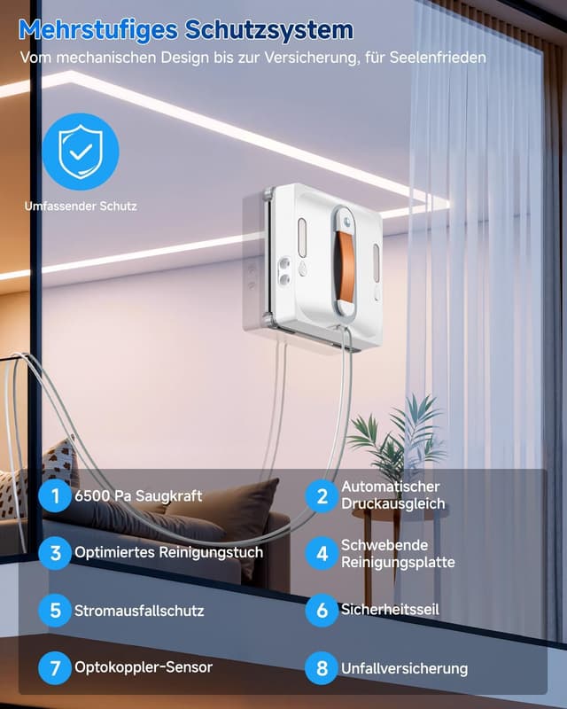Detalle de Fensterputzroboter 6500 Pa mit 2-Fach-Sprühsystem, KI-Routenplanung & Randerkennung für Innen- und Außenfenster