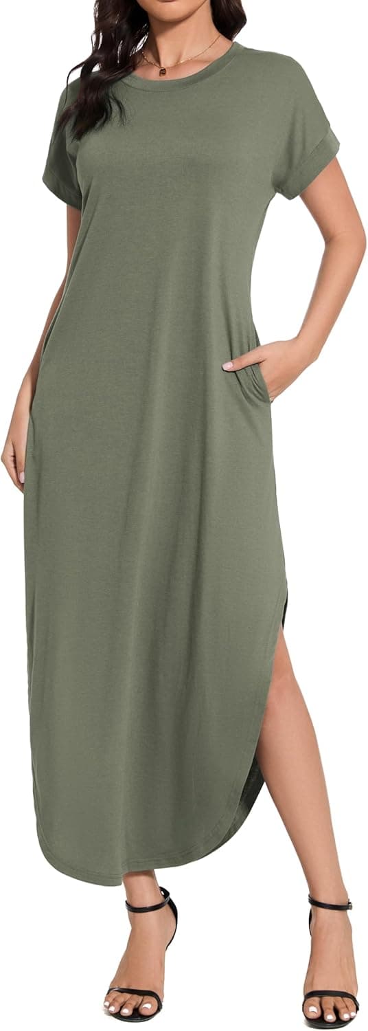 Detalle de Jeqeocafy Women’s Summer Long Sundress Crewneck Short Sleeve Maxi Dress with Pockets