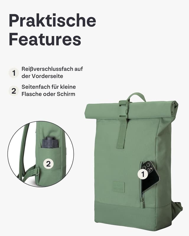 Detalle de Johnny Urban Robin Medium Rolltop Rucksack (15L) mit Laptopfach – grün, unisex