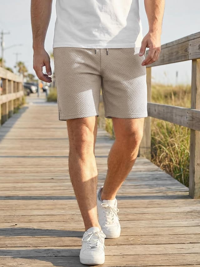 Detalle de JMIERR Herren Textur Kurze Hosen mit 3 Taschen – lockere Sommer-Shorts mit elastischem Bund