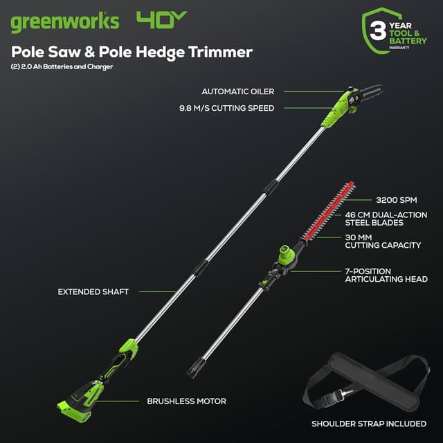 Detalle 2 de Greenworks 40V 2-en-1 scie à perche et taille-haie à perche sans fil, moteur sans balais, lame double action